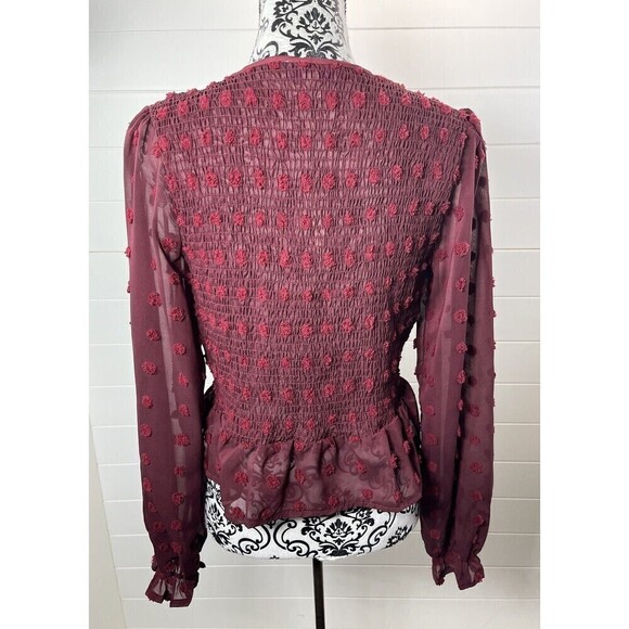 She + Sky Boho Blouse Womens Medium Burgundy Puff Sleeve Ruched Swiss Dot* Flaw - Picture 8 of 14